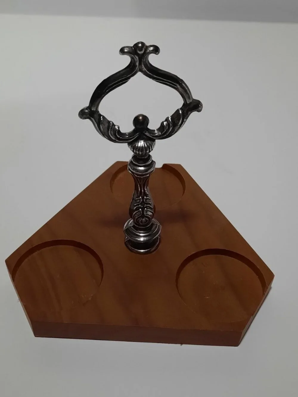 Vintage MCM 3 Bowl Silverplate Rim Glass Condiment Relish Caddy Wood Base